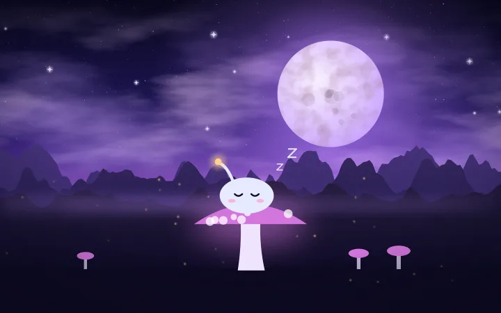 A small round pale alien creature sleeps on a glowing pink mushroom under a full moon, fireflies floating around it.