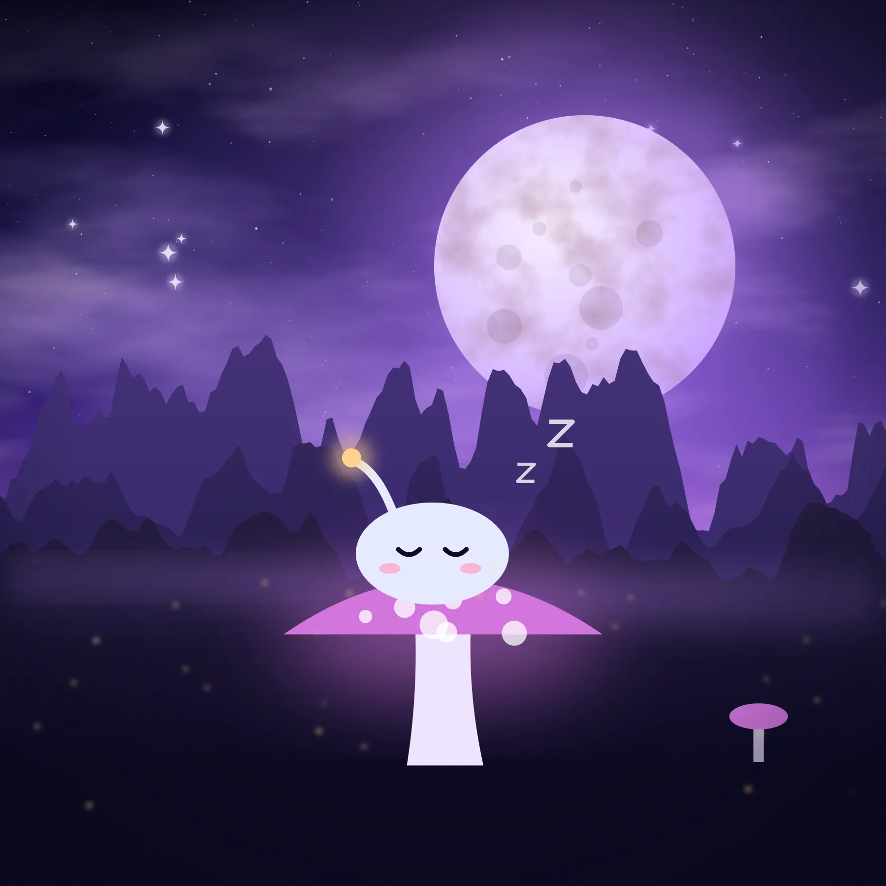 A small round pale alien creature sleeps on a glowing pink mushroom under a full moon, fireflies floating around it.