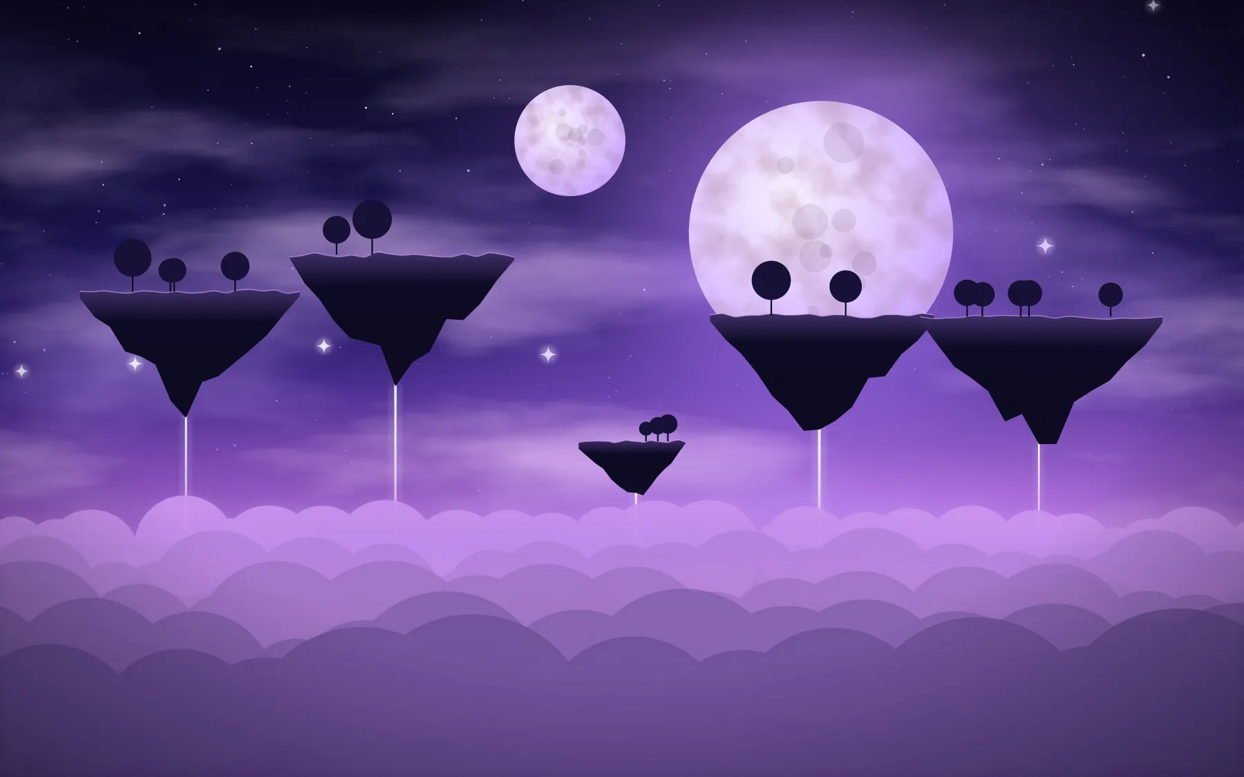 Several small floating islands with round trees hang above a sea of lavender clouds under two moons, thin waterfalls falling from each.