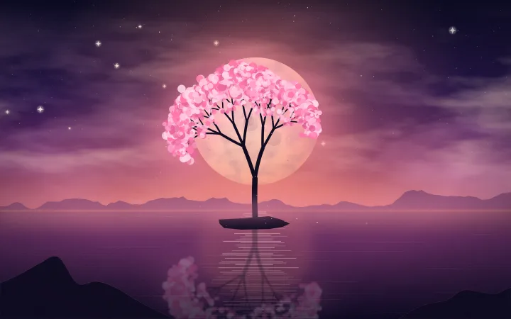 A pink blossom tree grows from a small rock in still water, silhouetted against a huge glowing moon, petals drifting on the air.