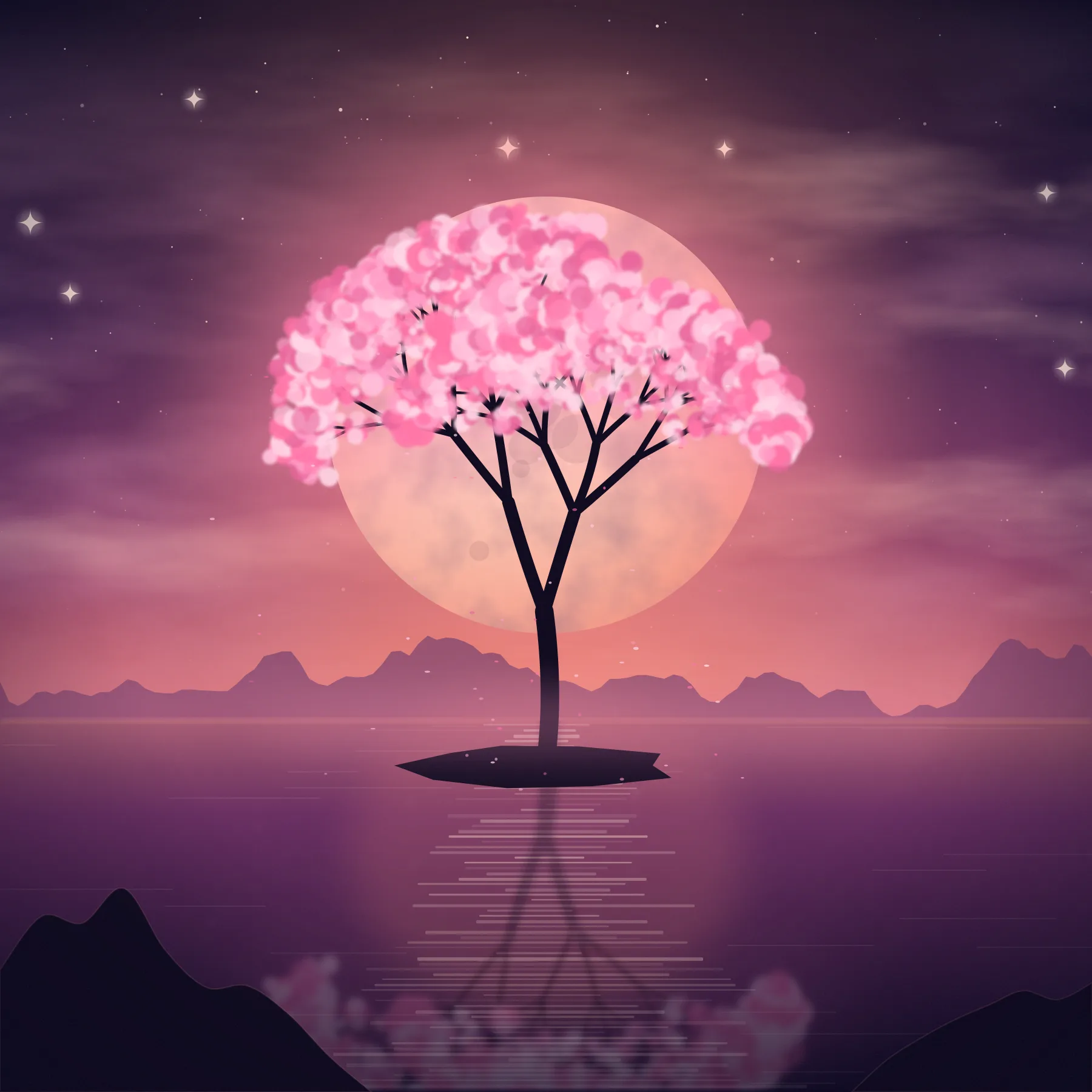 A pink blossom tree grows from a small rock in still water, silhouetted against a huge glowing moon, petals drifting on the air.