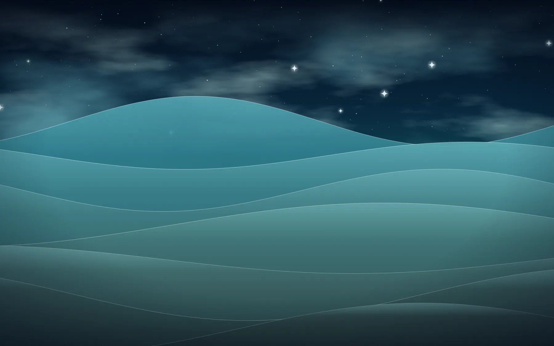 Flowing abstract bands of teal, cyan and violet with glowing crests.