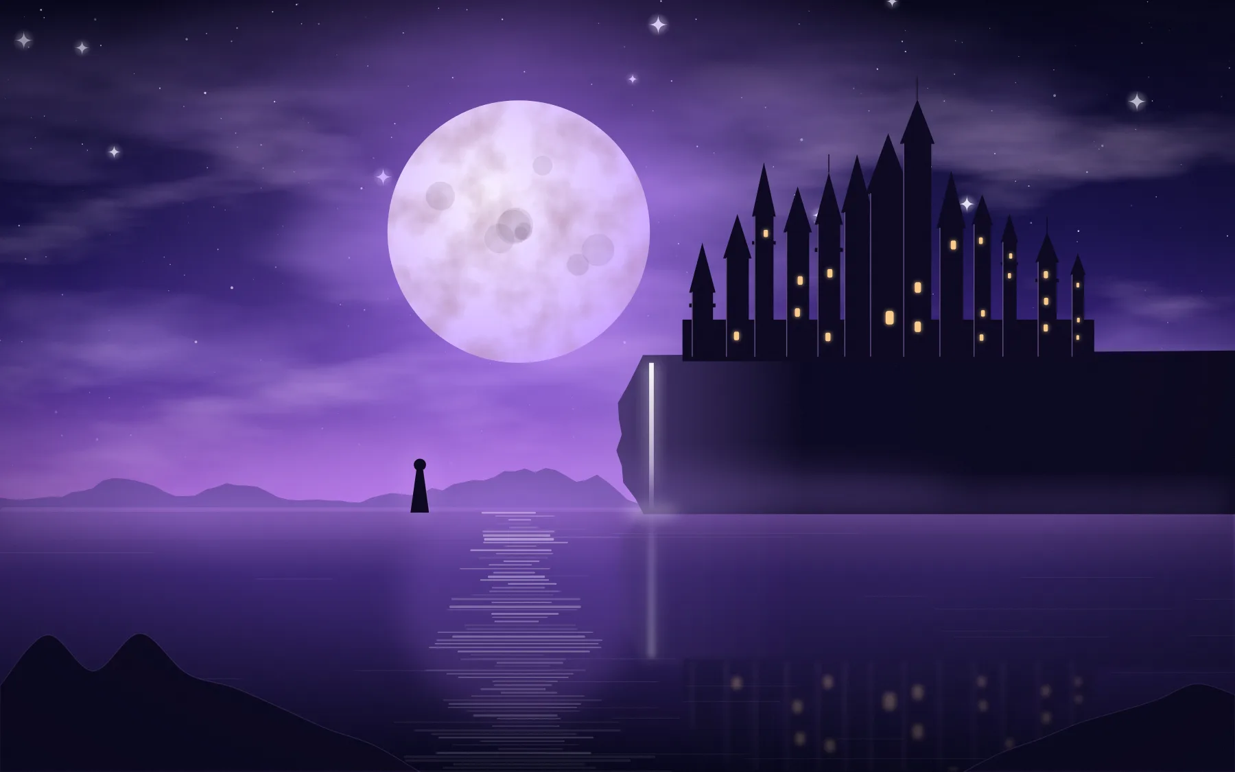 A castle of thin spires sits on a sheer cliff above a violet sea, a waterfall pouring from the cliff face under a full moon.