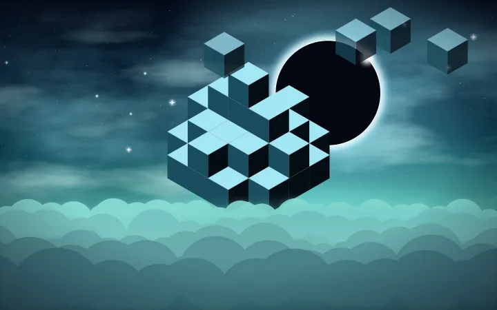 An isometric stack of glowing teal cubes floats above clouds in front of a black eclipse with a bright rim.