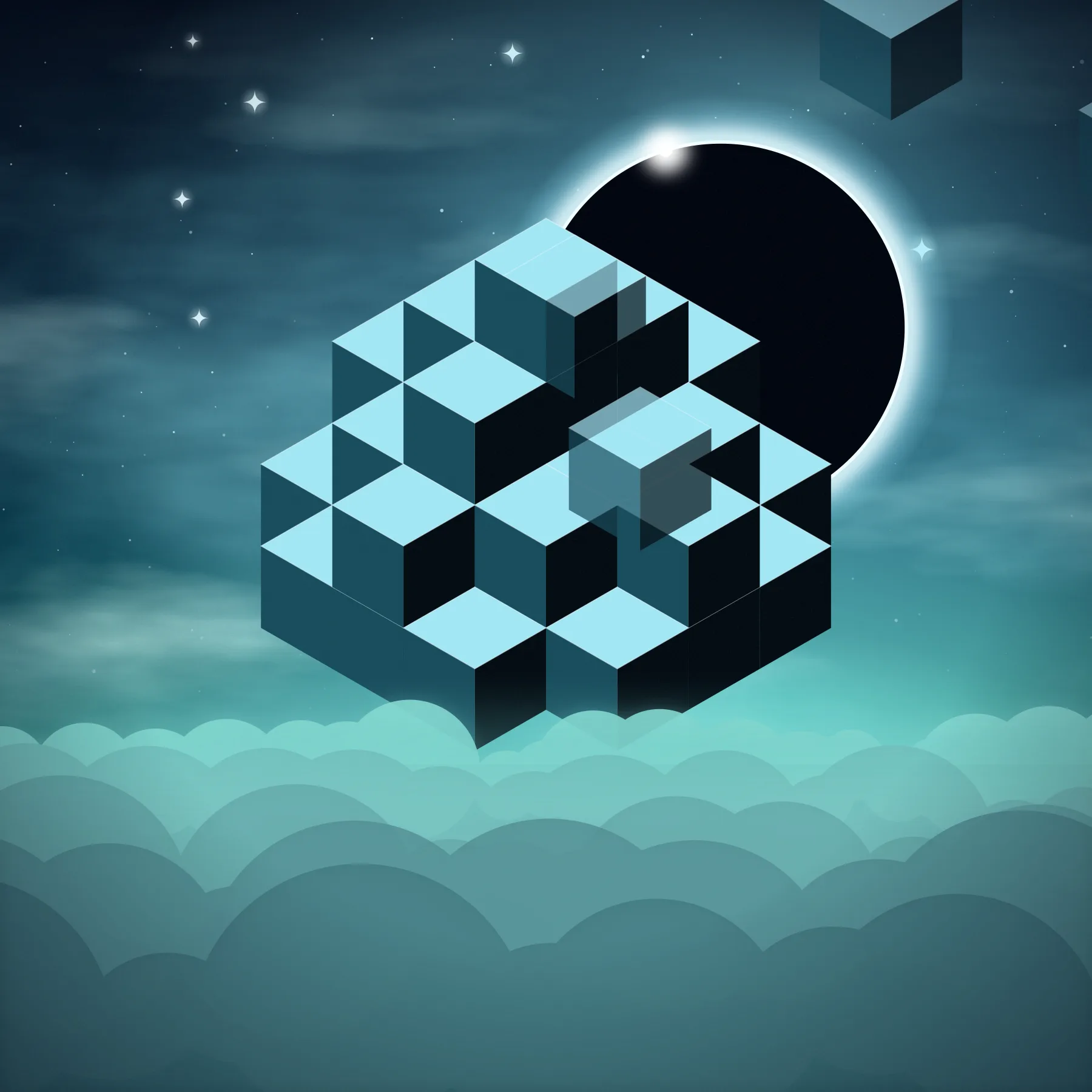 An isometric stack of glowing teal cubes floats above clouds in front of a black eclipse with a bright rim.