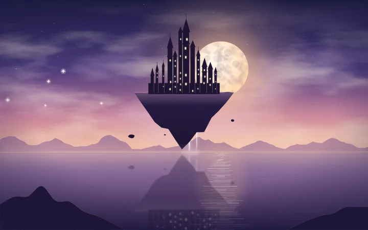 A floating castle island drifts in a peach and lilac dawn sky above calm water, waterfalls falling from it.