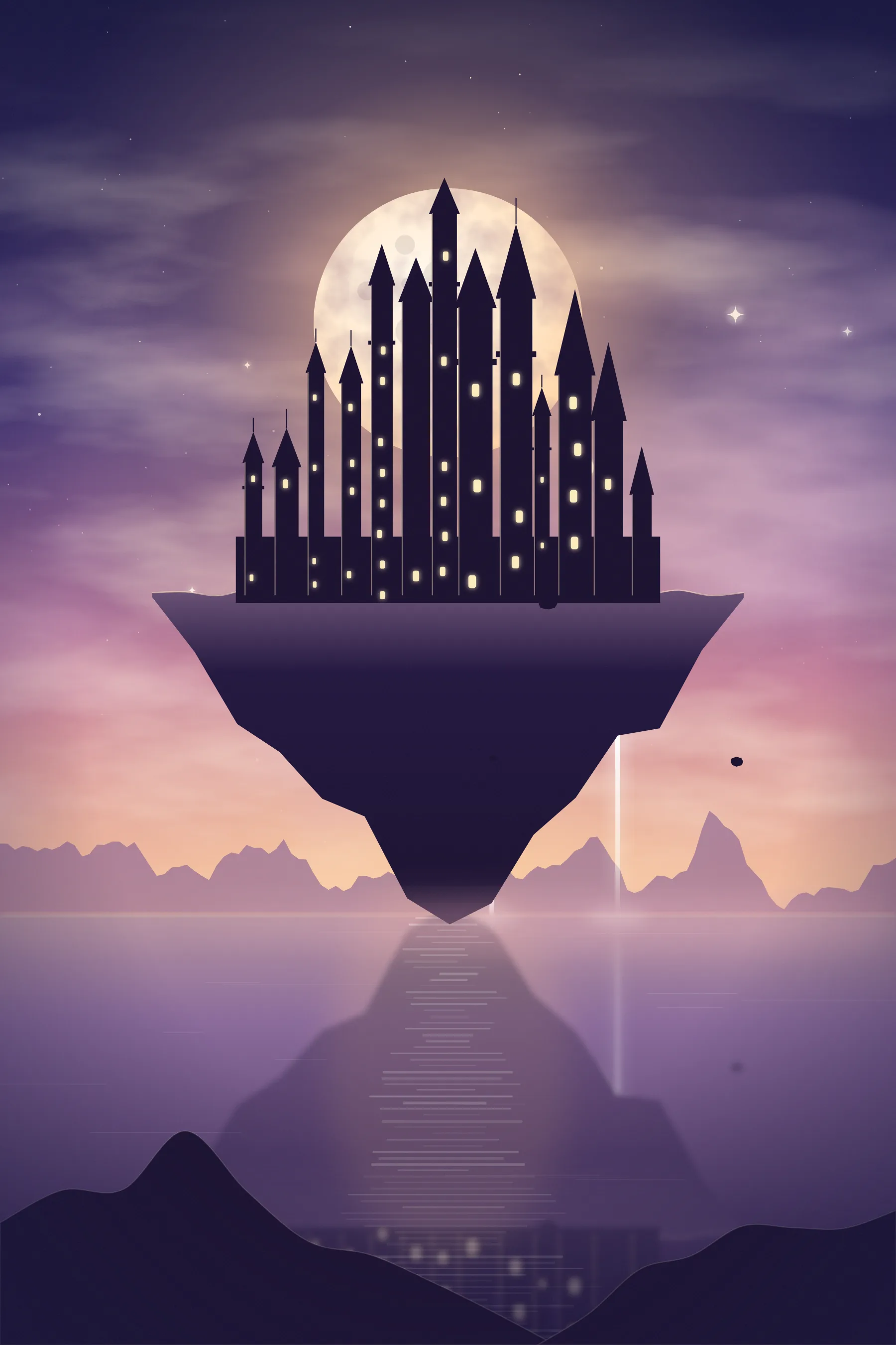 A floating castle island drifts in a peach and lilac dawn sky above calm water, waterfalls falling from it.