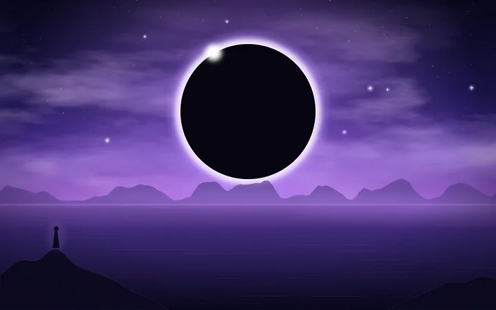 A dark eclipse with a bright corona hangs over a violet sea, clouds glowing around it.