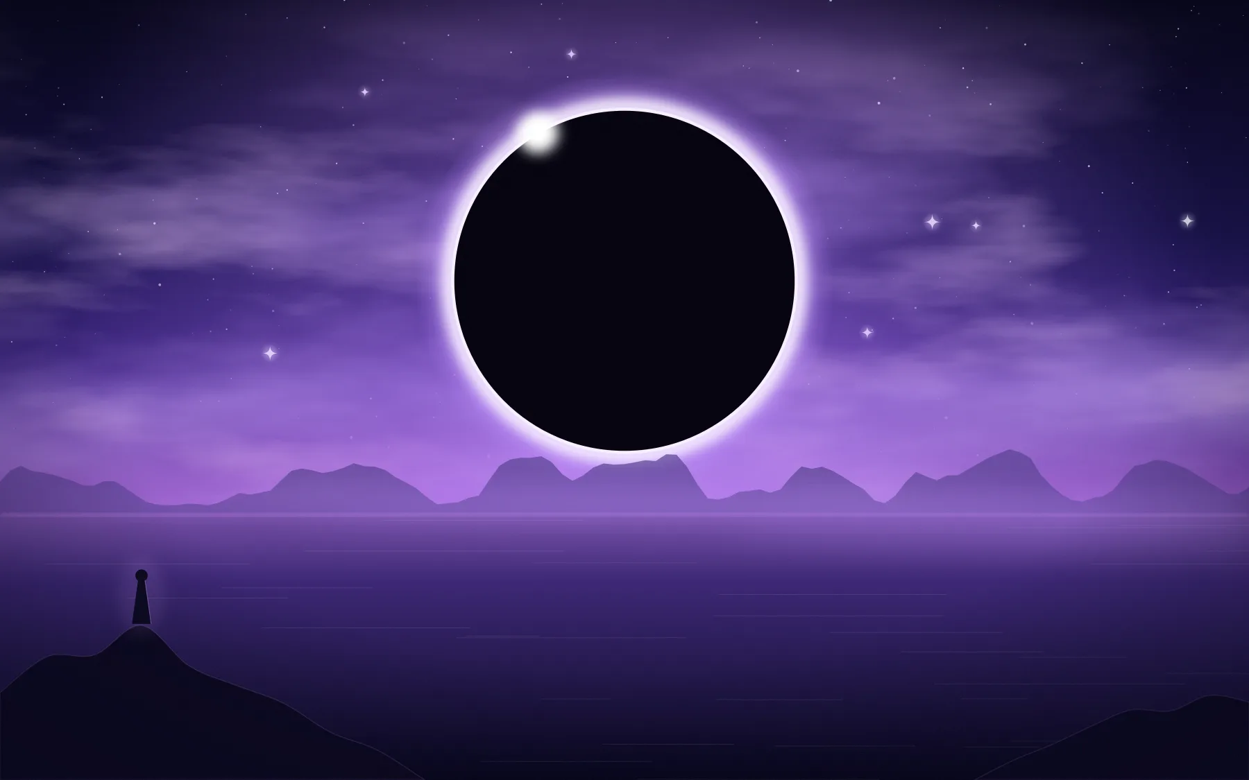 A dark eclipse with a bright corona hangs over a violet sea, clouds glowing around it.