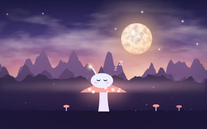 A pale little alien naps on a glowing mushroom in a soft dawn-colored meadow full of fireflies.