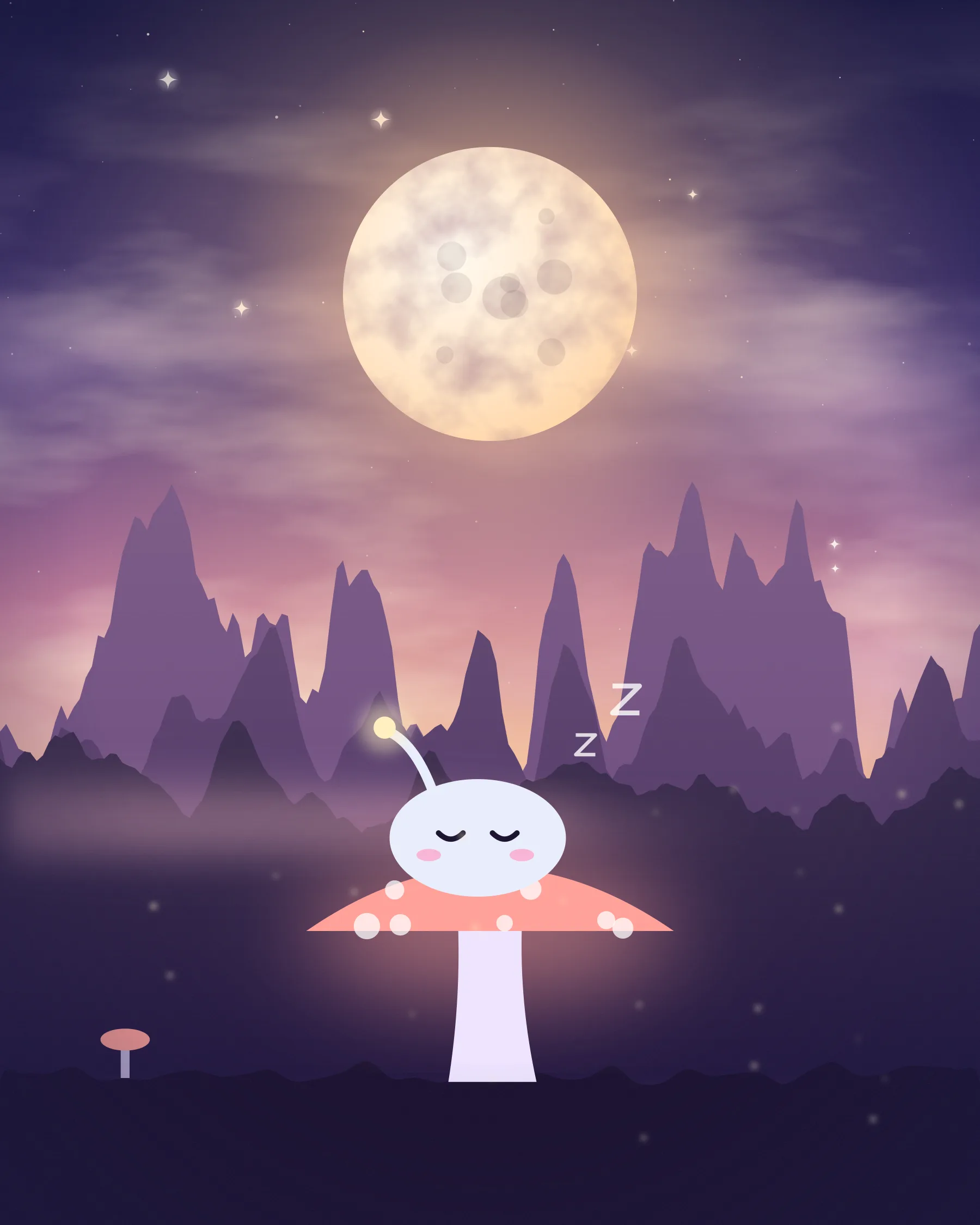 A pale little alien naps on a glowing mushroom in a soft dawn-colored meadow full of fireflies.