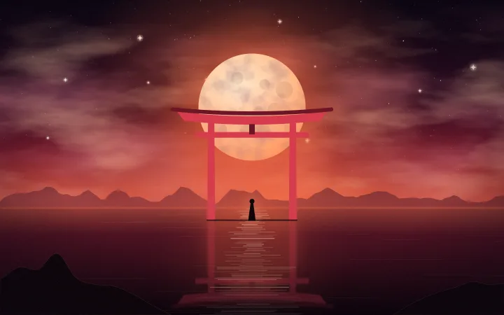 A red torii gate stands in calm water before a large amber moon, a cloaked figure waiting beneath it.