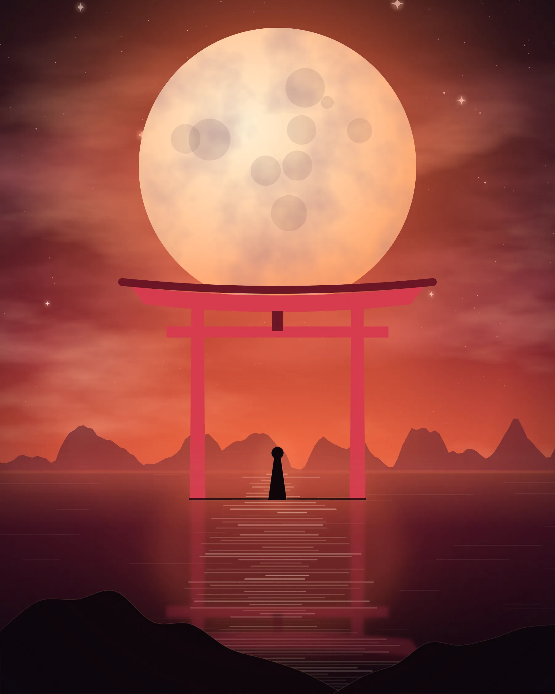 A red torii gate stands in calm water before a large amber moon, a cloaked figure waiting beneath it.