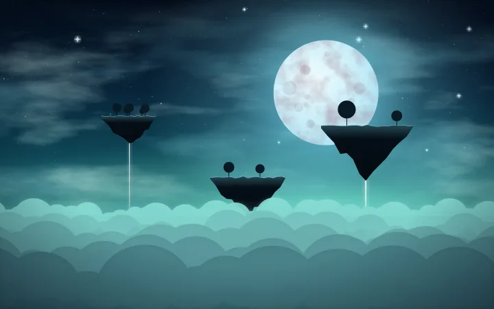 Floating islands with small trees hang over teal clouds beneath a bright moon.