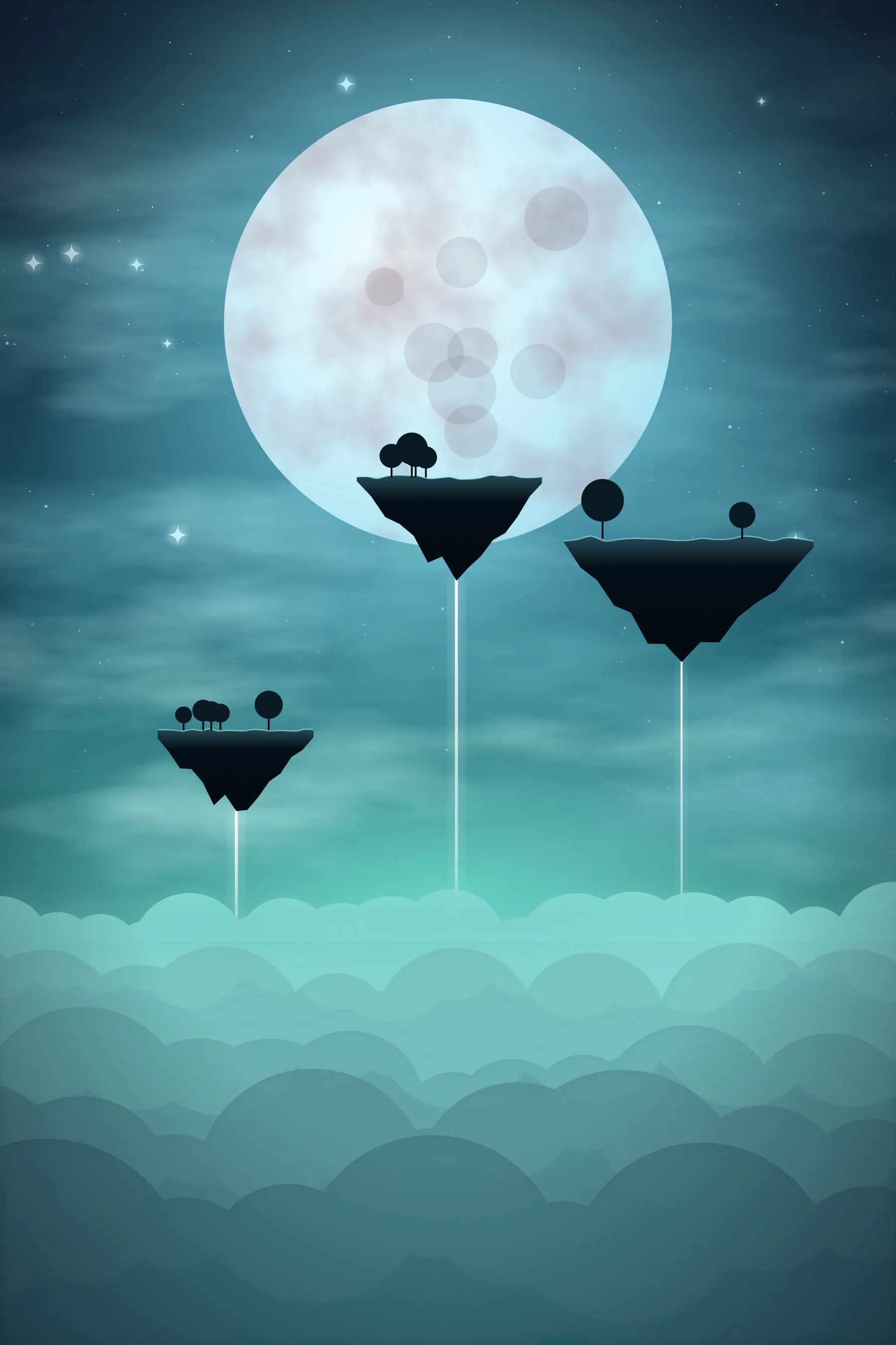 Floating islands with small trees hang over teal clouds beneath a bright moon.
