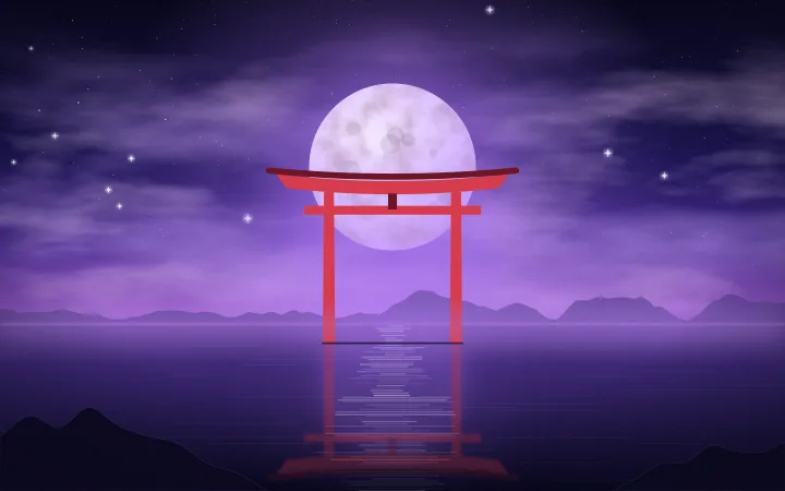 A red torii gate glows in a violet sea under a pale moon, reflected in the water.