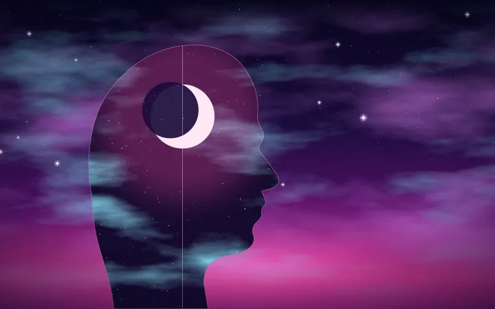 A human profile silhouette filled with nebula clouds, stars and a crescent moon, a thin vertical line dividing it.