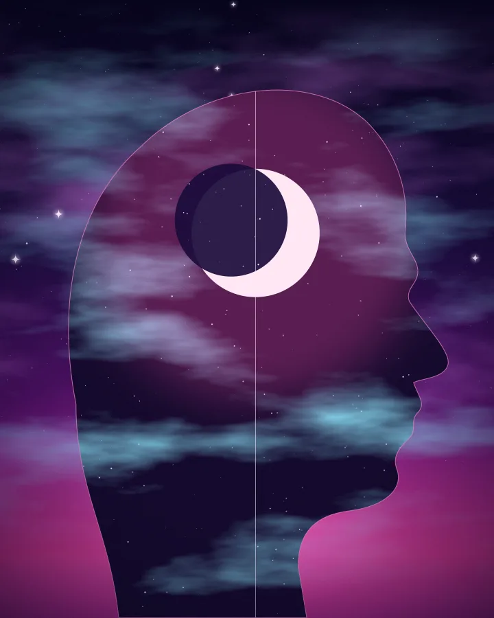 A profile silhouette filled with nebula clouds and a crescent moon