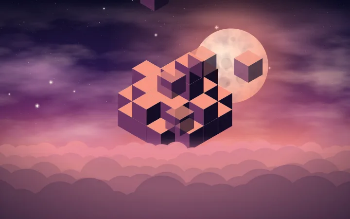 A stepped isometric block structure in warm coral and violet floats above clouds beneath a full moon.