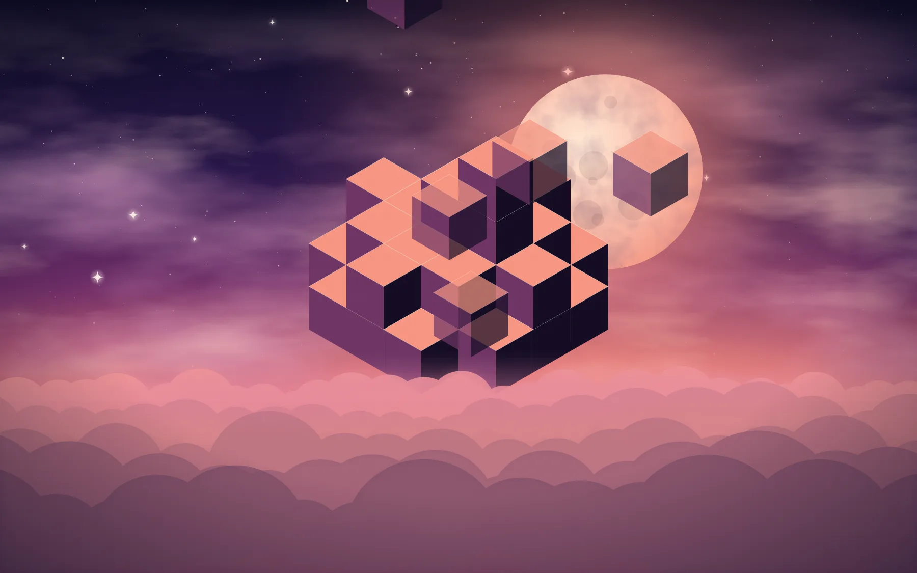 A stepped isometric block structure in warm coral and violet floats above clouds beneath a full moon.