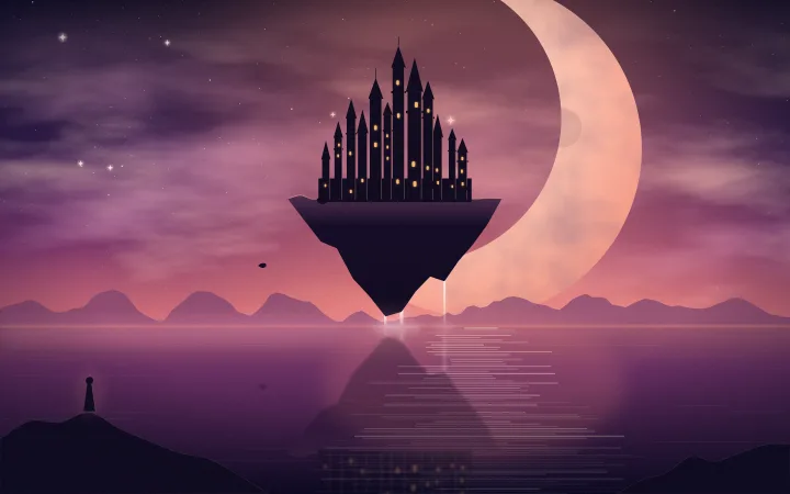 A floating island crowned with lit castle spires drifts before a giant crescent moon over a violet sea, waterfalls falling from its underside while a lone figure watches from the rocks.