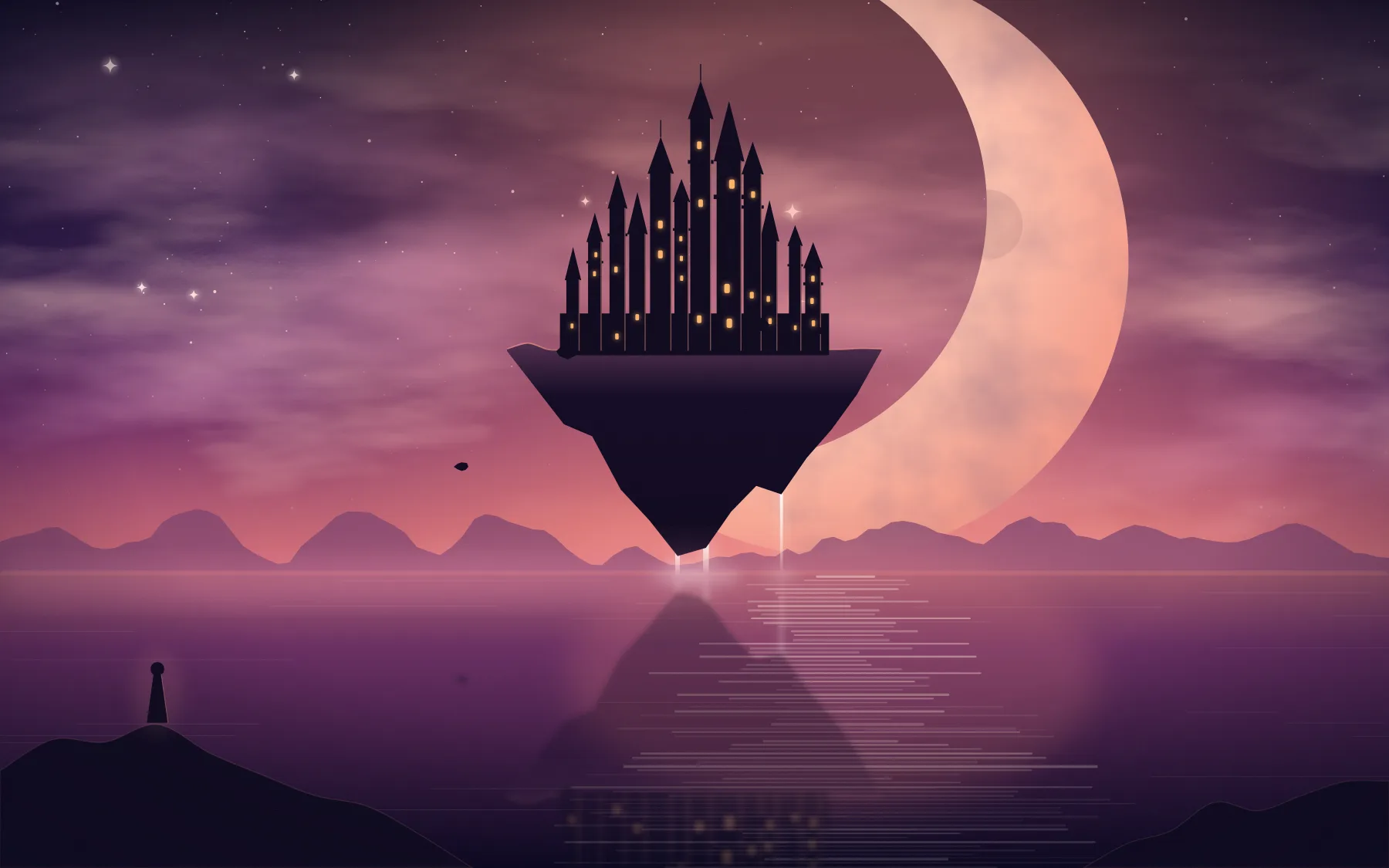 A floating island crowned with lit castle spires drifts before a giant crescent moon over a violet sea, waterfalls falling from its underside while a lone figure watches from the rocks.