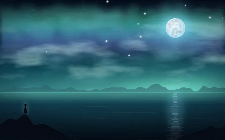 Green and violet aurora ripple above a calm teal sea with a small moon and distant mountains.