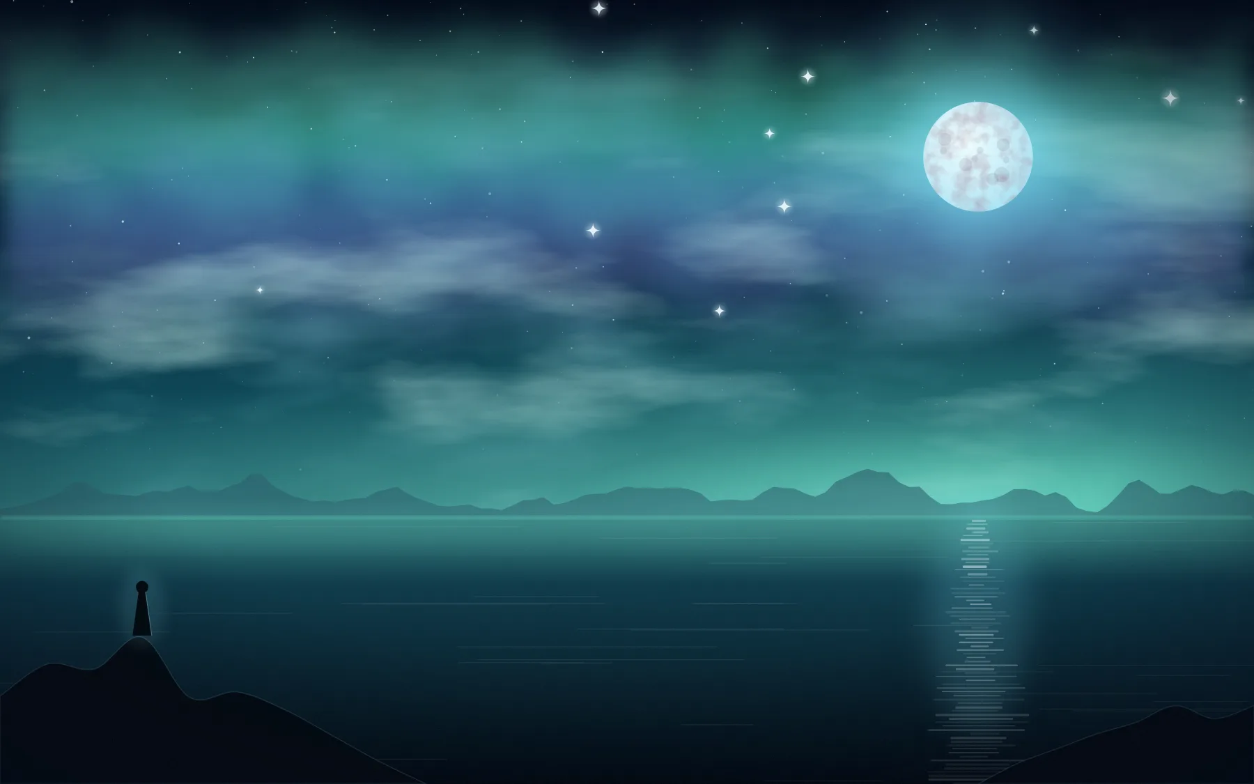 Green and violet aurora ripple above a calm teal sea with a small moon and distant mountains.