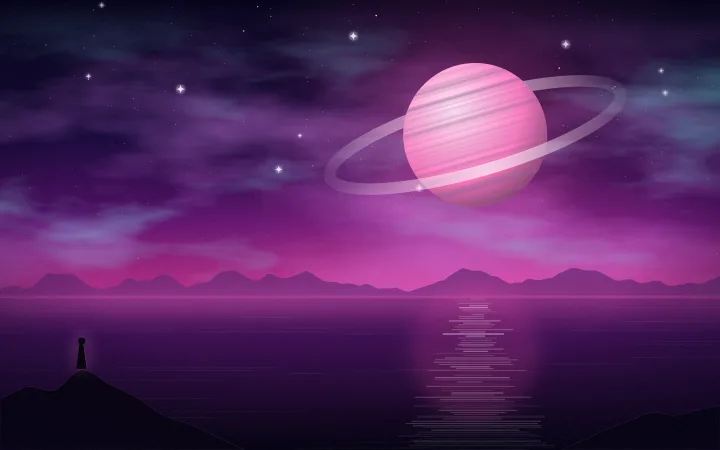 A ringed planet hangs above a magenta sea with glowing clouds and a lone figure on the rocks.
