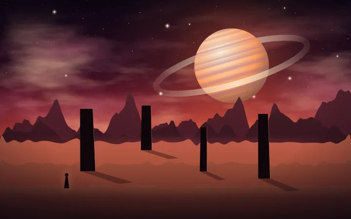 Tall dark monoliths cast long shadows across orange dunes beneath a ringed planet and red mountains.