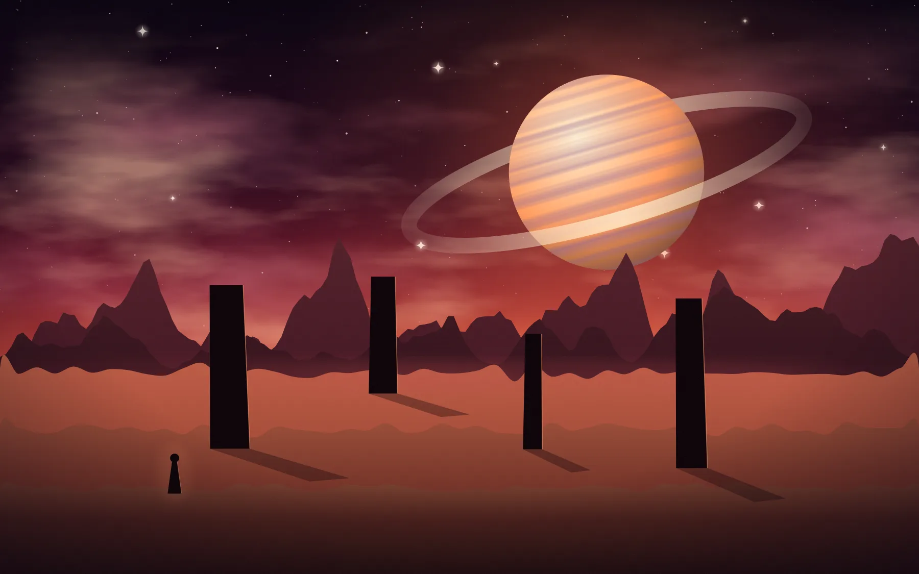 Tall dark monoliths cast long shadows across orange dunes beneath a ringed planet and red mountains.