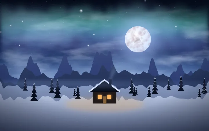 A glowing cabin in deep snow among pine trees under aurora and a bright moon, in a tall format.