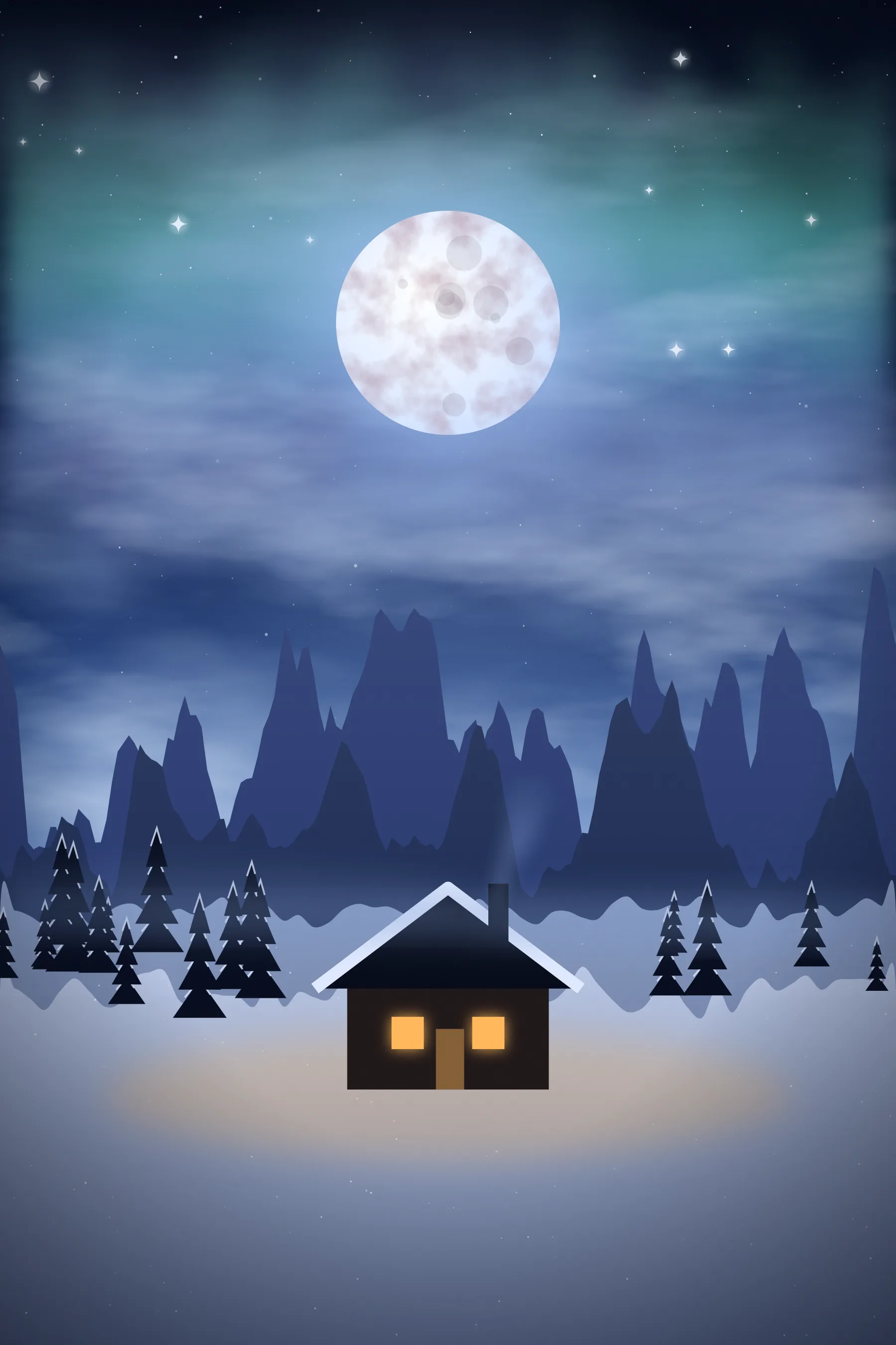 A glowing cabin in deep snow among pine trees under aurora and a bright moon, in a tall format.