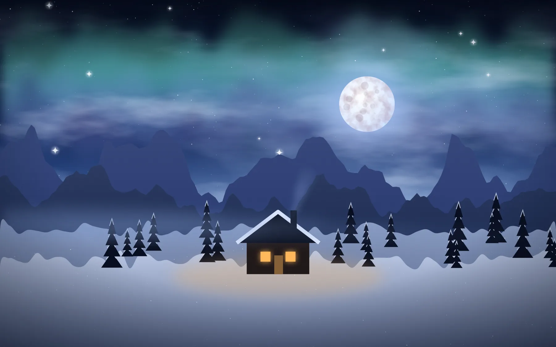 A small snow-covered cabin with glowing windows sits among pine trees under green and violet aurora and a small bright moon.