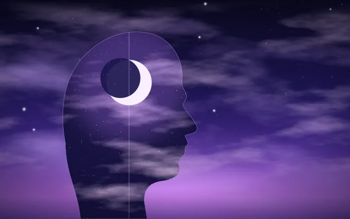 A profile silhouette filled with violet clouds, stars and a crescent moon against a deep indigo sky.