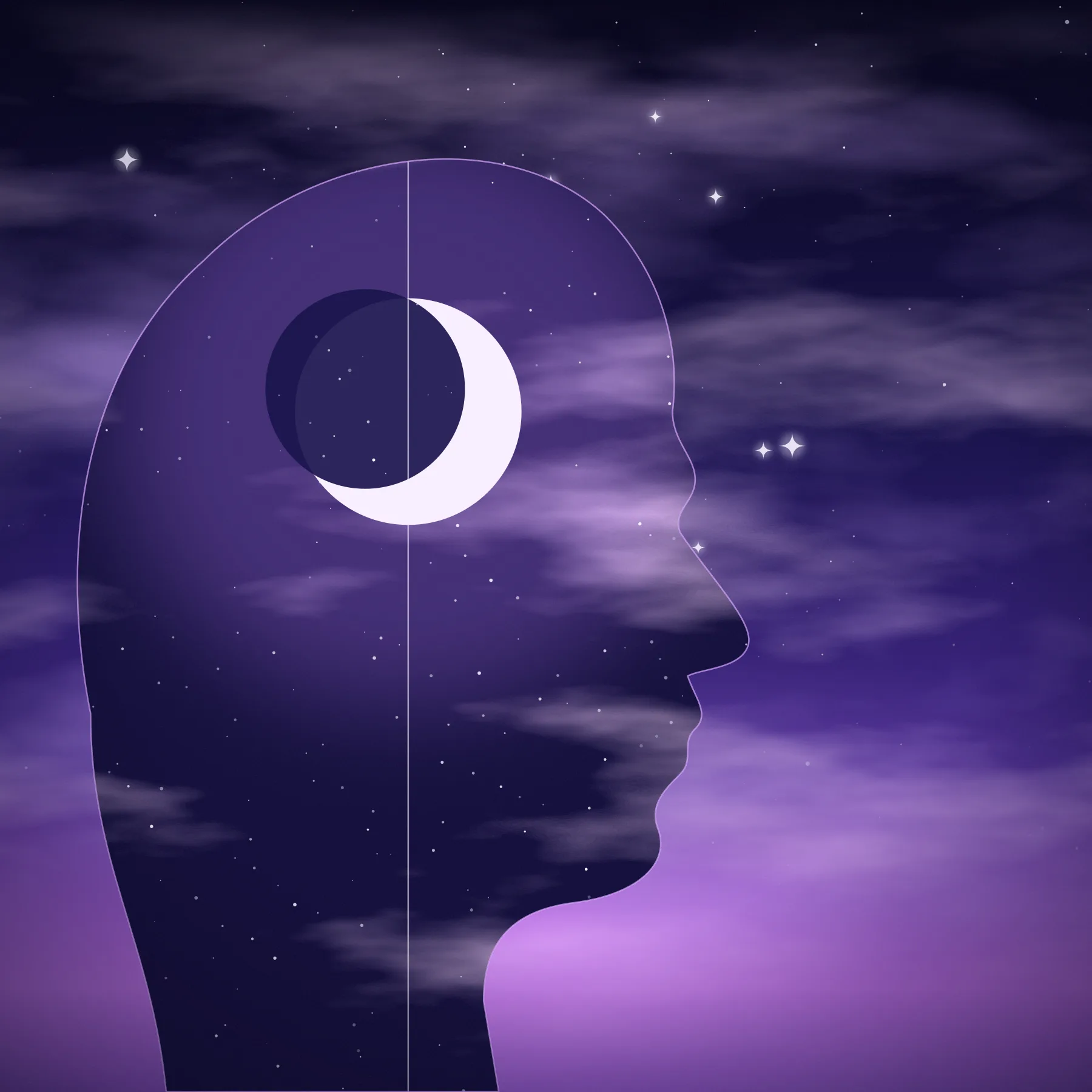 A profile silhouette filled with violet clouds, stars and a crescent moon against a deep indigo sky.