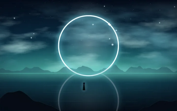 A tall glowing ring stands upright on a teal sea, reflected below, with a small figure watching from the shore.
