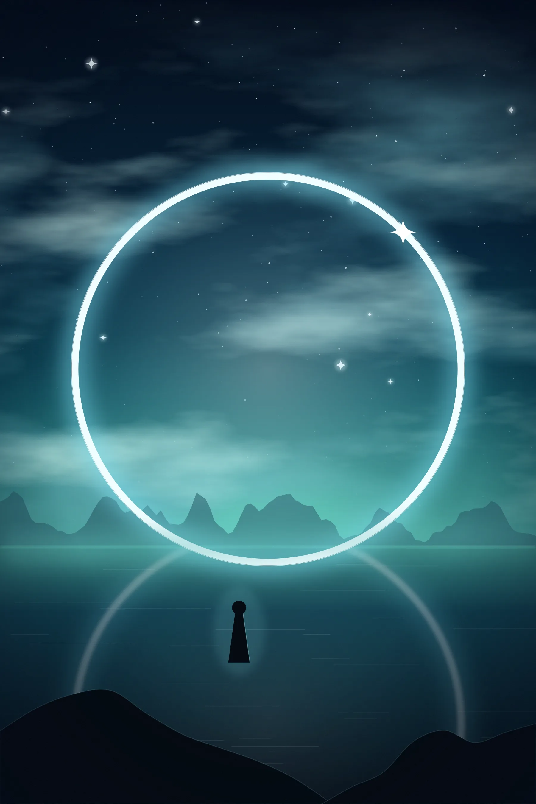 A tall glowing ring stands upright on a teal sea, reflected below, with a small figure watching from the shore.