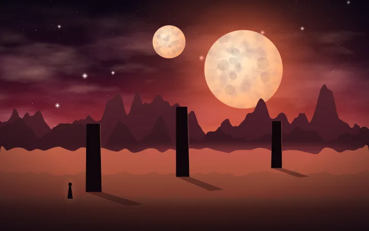 A lone figure crosses red dunes under two moons and a crimson sky.