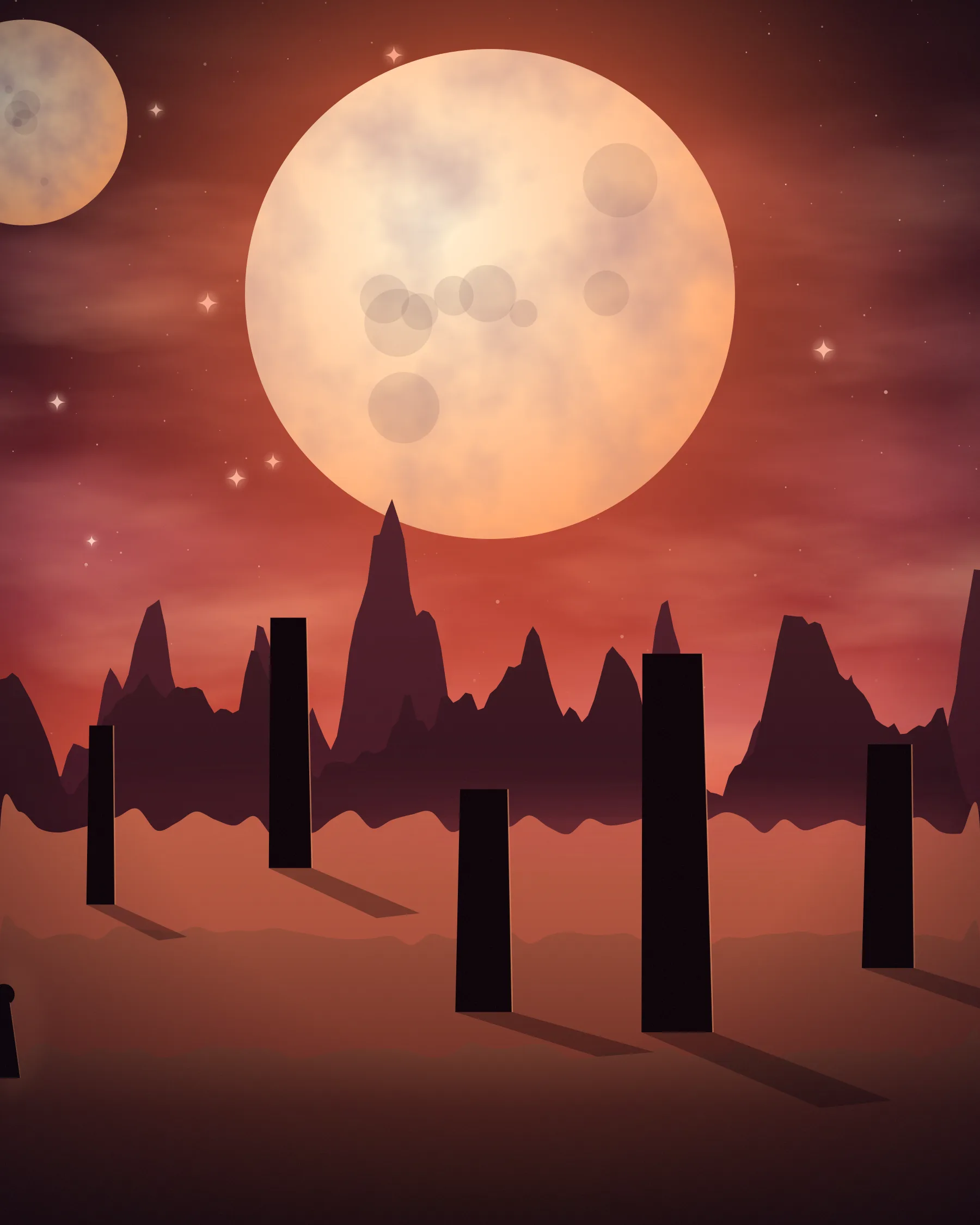 A lone figure crosses red dunes under two moons and a crimson sky.