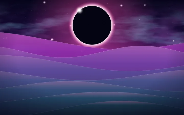 Layered flowing bands of magenta, violet and cyan with glowing edges under a dark eclipse.