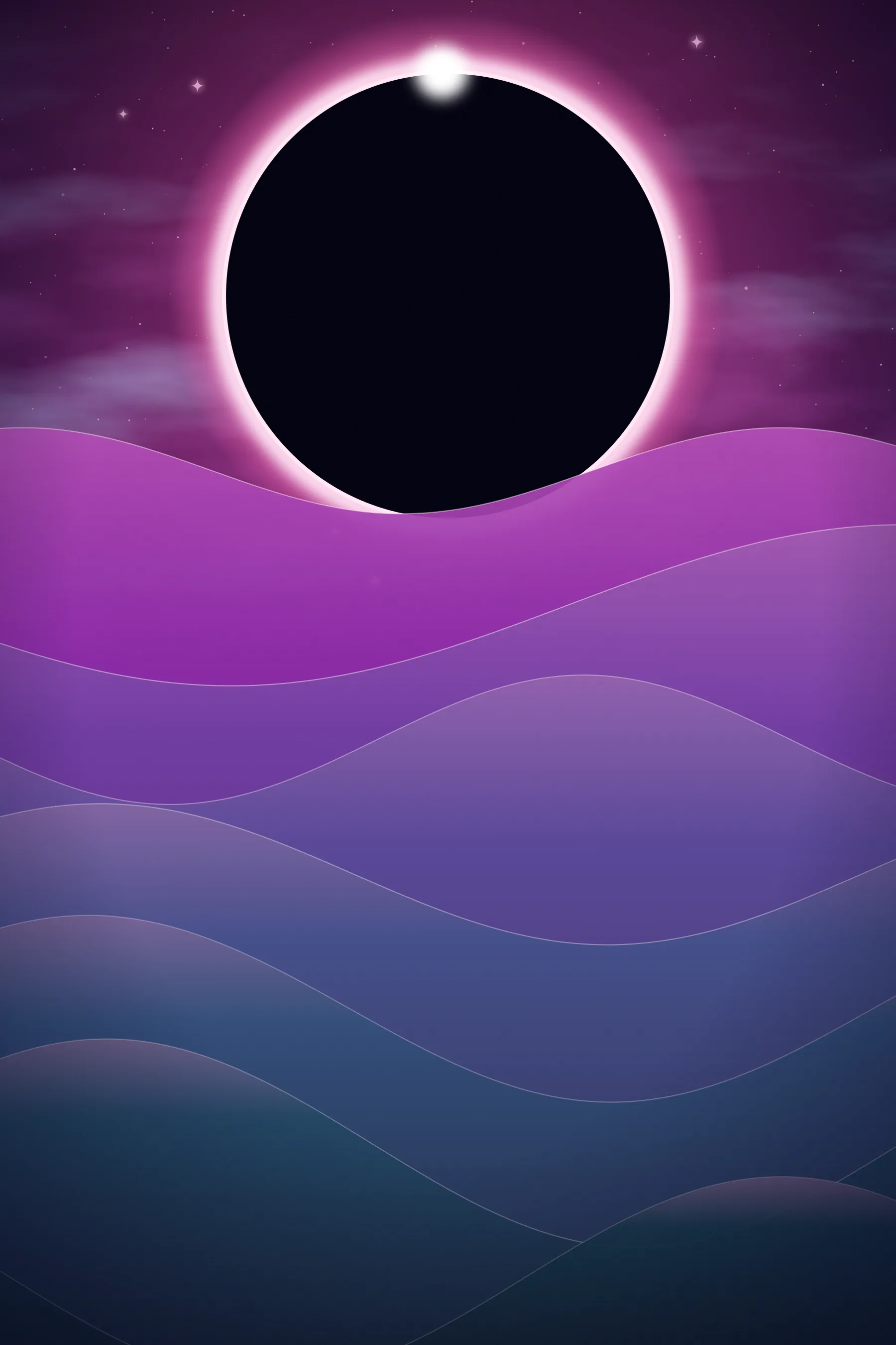 Layered flowing bands of magenta, violet and cyan with glowing edges under a dark eclipse.